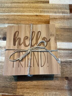 Wooden 'hello' Coaster Set - Natural Wood - Set of 4